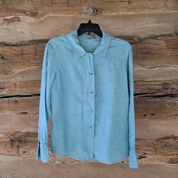 J. Jill Tops - J. Jill Light Turquoise 100% Linen Button Down Shirt Size Large